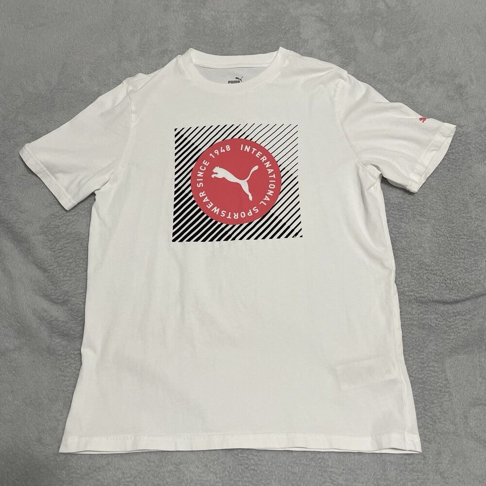 Puma T-Shirt Mens Medium White International Sportswear Geometric Graphics